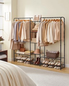 Kovový vešiak na oblečenie s tyčou a policami, matná čierna