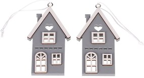 Závesný drevený domček, sivá, v. 9 cm, SET 4 KS