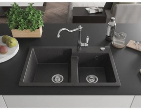 Mexen Tomas, granitový drez 800x500x190 mm, 2-komorový a drezová batéria Carla, čierna škvrnitá, 6516-76-670700-00