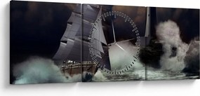 Obraz - Loď plávajúca cez búrlivé vlny (s hodinami) (90x30 cm)