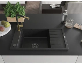 Mexen Elias, 1-komorový granitový drez 795x480x200 mm a drezová batéria Flora, čierna-strieborná metalíza, 6511-73-670401-57-B