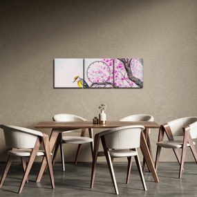 Obraz - Vtáčik na strome s ružovými kvetmi (s hodinami) (90x30 cm)