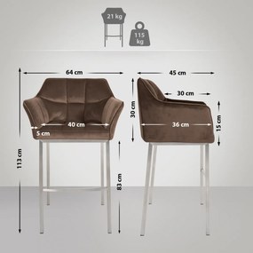 Barová stolička Damaso E - zamat, nerez 4-nohý rám - Hnedá