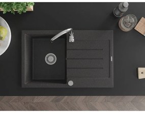 Mexen Bruno, 1-komorový granitový drez s odkvapkávačom 80x50 cm a kuchynskou batériou Telma, čierna-škvrnitá, 6513-76-670200-00