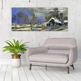 Obraz chalúpky v zimnej krajine, olejomaľba (120x50 cm)