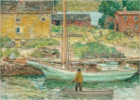 Sklenený obraz - Childe Hassam, Oyster Sloop, Cos Cob, reprodukcia (70x50 cm)