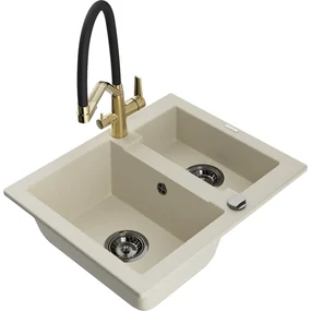 Mexen Carlos, 1,5-komorový granitový drez 582x475x177 mm a drezová batéria Duo, béžová, 6518-69-671701-57-B