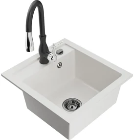Mexen Vito, 1-komorový granitový drez 520x490x210 mm a drezová batéria Savita, biela, 6503-20-672601-70