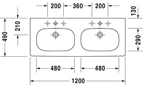 Duravit D-Code - Dvojumývadlo do nábytku 1200x490 mm, s prepadom, biela 03481200002