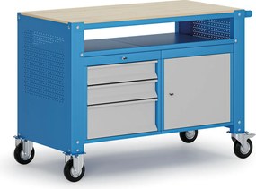 Pojazdný dielenský stôl G9, 1 polica, 1 skrinka, 3 zásuvky, 1180 x 595 x 865-1130 mm, sivá/modrá