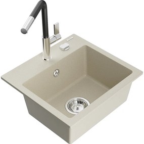 Mexen Milo, 1-komorový granitový drez 435x410x171 mm a drezová batéria Flora, béžová, 6505-69-670401-07