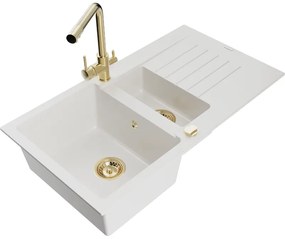 Mexen Matias, granitový drez 900x505x200 mm, 1,5-komorový a zlatá batéria Duero, biela, 6502-20-671600-50