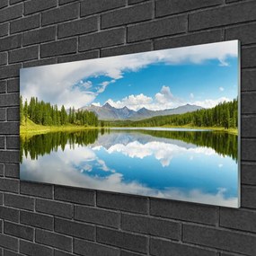 Skleneny obraz Les jazero hory príroda 125x50 cm