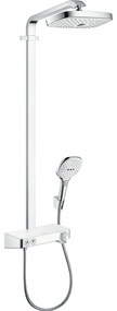 HANSGROHE Raindance Select E Showerpipe EcoSmart nástenný sprchový systém s termostatom ShowerTablet Select 300, horná sprcha 2jet 300 x 160 mm, ručná sprcha 3jet, biela/chróm, 27283400