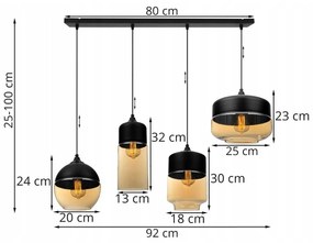Závesné svietidlo Oslo 4, 4x čierne/medové sklenené tienidlo