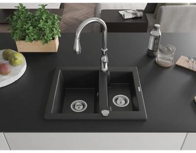 Mexen Carlos, 1,5-komorový granitový drez 582x475x177 mm a drezová batéria Savita, čierna, 6518-77-672601-00