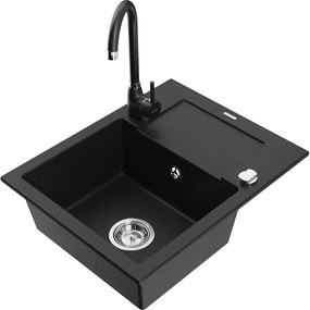 Mexen Enzo, 1-komorový granitový drez s odkvapkávačom 58x47 cm a kuchynskou batériou Telma, čierna, 6506-77-670200-70