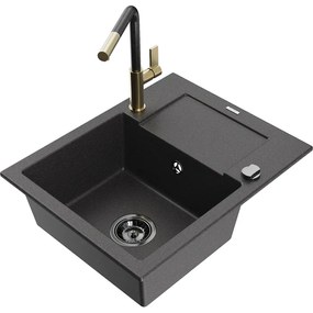 Mexen Enzo, 1-komorový granitový drez 576x465x174 mm a drezová batéria Flora, čierna škvrnitá, 6506-76-670401-75-B