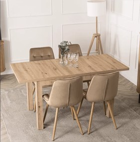 Sada stola SKUBI 120-160 cm Artisan Oak a 4 béžových stoličiek RODRI