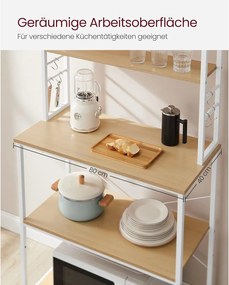 Regál do kuchyne, Stojan na mikrovlnku, 6 políc a 6 hákov, farba dub a biela