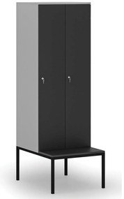 Drevená šatníková skrinka S4 s lavičkou, 2 oddiely, 1871 x 600 x 500/800 mm, demont, cylindrický zámok, sivá/grafit