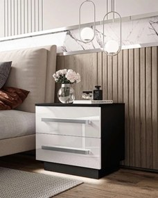 NOČNÝ STOLÍK MARION LED BIELE ŠUPLÍKY VYSOKÝ LESK ŠIROKÉ ÚCHYTKY