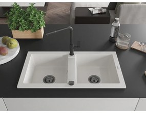 Mexen Mario, 2-komorový granitový drez 820x436x161 mm a drezová batéria Flora, biela, 6504-20-670401-70-B