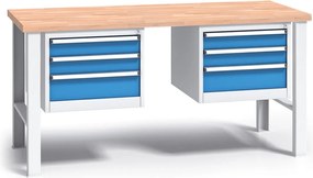 Pracovný stôl do dielne G3 s 2 závesnými boxami na náradie, buková škárovka, 6 zásuviek, pevné kovové nohy, 1700 mm, modrá