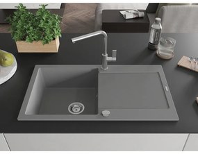 Mexen Leo, 1-komorový granitový drez 900x500x190 mm a drezová batéria Flora, šedá, 6501-71-670401-00