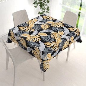 Biante Bavlnený štvorcový obrus Sandra SA-228 Sivé a zlaté tropické listy na čiernom 80x80 cm