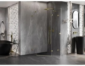 Mexen Lunar, výklopný päťuholníkový sprchový kút pravý 90 x 90 cm, 8mm číre sklo, zlatý profil, 831-090P-090L-50-00-P