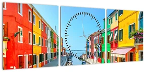 Obraz - Ostrov Burano, Benátky, Taliansko (s hodinami) (90x30 cm)