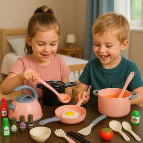 LEAN Toys Kuchynská súprava s hrncami a príslušenstvom na varenie, jedlo, ružová, 32 ks