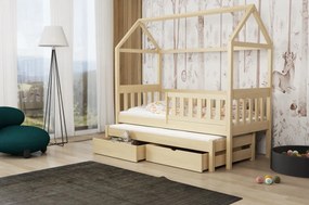 Detská domčeková posteľ z masívu borovice REVOLUT s prístelkou a šuplíky - 200x90 cm - prírodná borovica