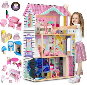 Ricokids Drevený domček pre bábiky veľký 3-poschodový s výťahom a LED osvetlením