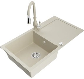 Mexen Leo, 1-komorový granitový drez 900x500x190 mm a drezová batéria Savita, béžová, 6501-69-672601-69
