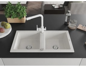 Mexen Mario, 2-komorový granitový drez 820x436x161 mm a biela drezová batéria Duero, biela, 6504-20-671600-20
