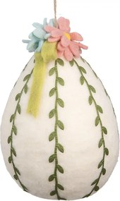 Biela závesná dekorácia plstené vajíčko s kvetmi - Ø 18*27 cm
