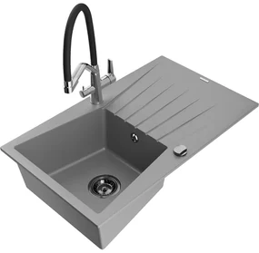 Mexen Cesar, 1-komorový granitový drez 775x470x190 mm a drezová batéria Duo, šedá, 6514-71-671701-07-B