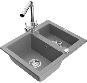 Mexen Carlos, 1,5-komorový granitový drez 582x475x177 mm a drezová batéria Duero, šedá, 6518-71-671600-00