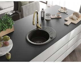 Mexen Kevin, granitový drez 586x458x190 mm, 1-komorový a drezová batéria Savita, čierna-zlatá metalíza, 6517-75-672601-50-B