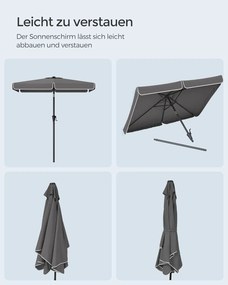 Slnečník 200 × 150 cm, obdĺžnikový balkónový slnečník, ochrana pred slnkom UPF 50+, bez podstavca, šedý