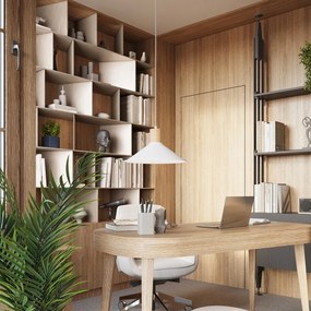 Závesné svietidlo Jaga, 1x biele kovové tienidlo, drevo