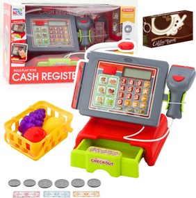 LEAN Toys Detská pokladňa s príslušenstvom, košík s ovocím, svetlá a zvuky, červená