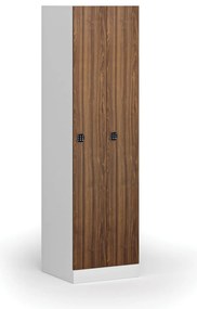 Kovová šatníková skrinka S1 zúžená, 2 oddiely, 1850 x 500 x 500 mm, kódový zámok, laminované dvere, orech