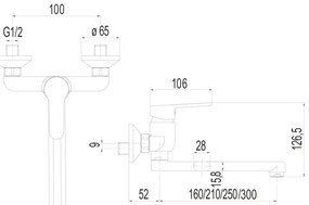 Mereo, Mereo Drezová nástenná batéria, Zuna, 100 mm, s ramienkom plochým rovným 300 mm, chróm, MER-CB302A06Z