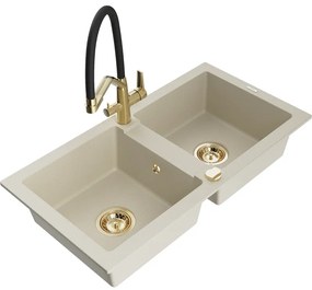 Mexen Mario, granitový drez 820x436x161 mm, 2-komorový a drezová batéria Duo, béžová, 6504-69-671701-57-G