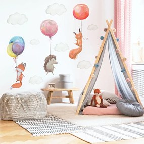 Gario Detská nálepka na stenu Zvieratká s balónmi, líška, ježko a veverička