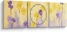 Obraz - Fialové a žlté kvietky (s hodinami) (90x30 cm)