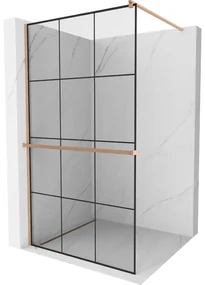 Mexen Kioto+, sprchová zástena Walk-In s poličkou a vešiakom 120 x 200 cm, 8mm číre sklo čierny vzor, medený matný profil, 800-120-121-65-77